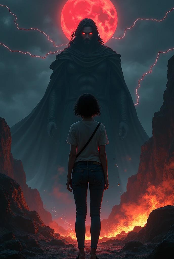 I want a mysterious picture. My book is on an ancient greek civilisation.  Black colour theme. Zeus should be standing behind the girl. She has dark hair and a tomboy. I want a dark zeus standing behind her. Also only her back is visible.  She ll be surrounded by thunder and lightning and also fire. No frocks or dresses. A jeans and shirt. Also dark zeus. Only surrounded by fire and lightning. And no anime. Realistic picture. A dark one. Zeus should not be visible a lot. Like people shouldnt know its zeus. So just a darkenned zeus. I dont want people to know its him. Um why dont we put a cloak on top of him. Make him more darker. A dark version. I dont want him to be white at all.  Darker. I also want bit of blood moon. I want zeus larger. And throwing thunderbolts at the girl. Make zeus extra black. His eyes will bw glowing red. Make the whole background to pitch black. Only light is from fire the blood moon and lightning. Make it look realistic and cool. Not like a kids. Pure adult. No moutains or anything. Complete pitch black. Complete road has to be black. Put some clothes on zeus. The girl has short hair btw. Darker. Dark blood red moon. Cover zeus's face.