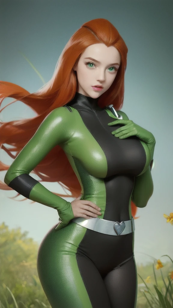 (masterpiece, best quality), 1girl,   sam \(totally spies\), orange hair, Long Straight hair, green eyes, , green bodysuit, Big Breasts, belt