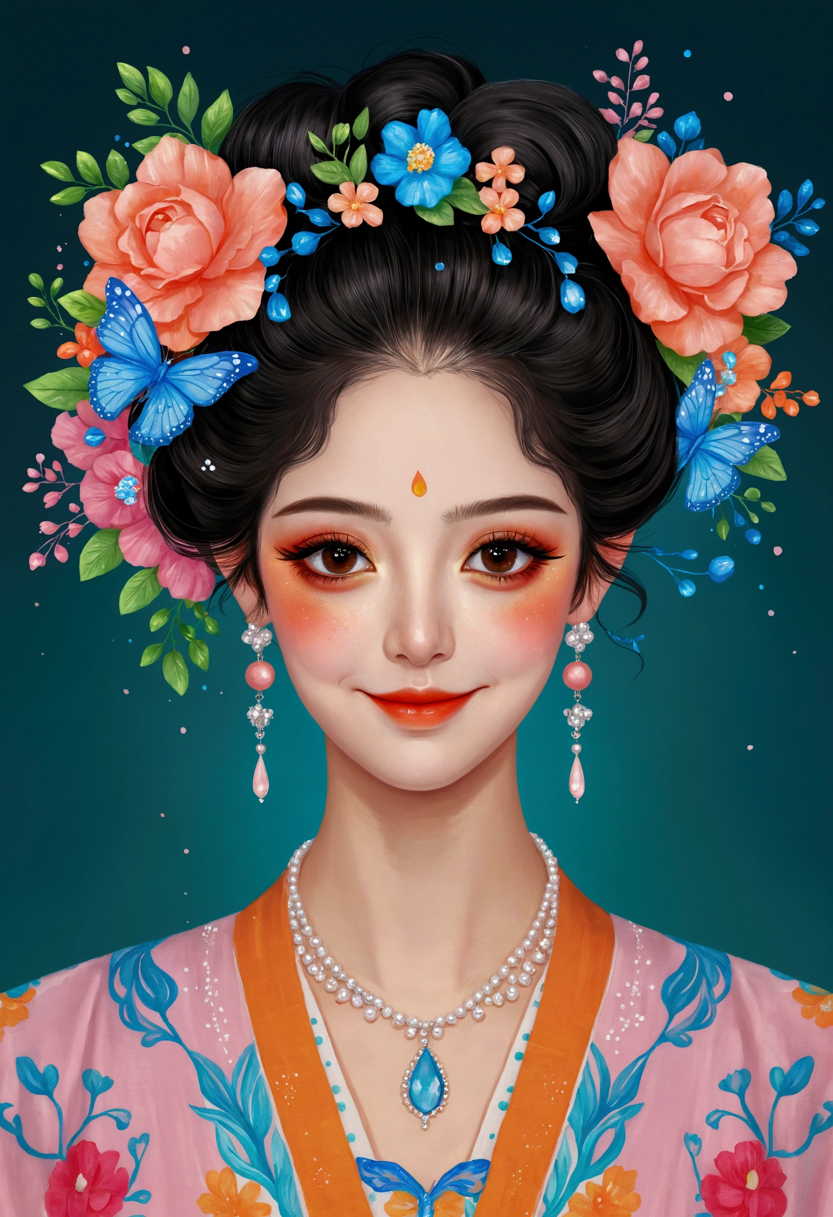 Digital Art Girl Portrait,Smile,solitary,symmetry,Gradient hair,Colorful big eyes,Fashionable and exquisite facial features,Exquisite makeup,Beautiful hairstyle,Exaggerated flower earrings,Clean and simple background