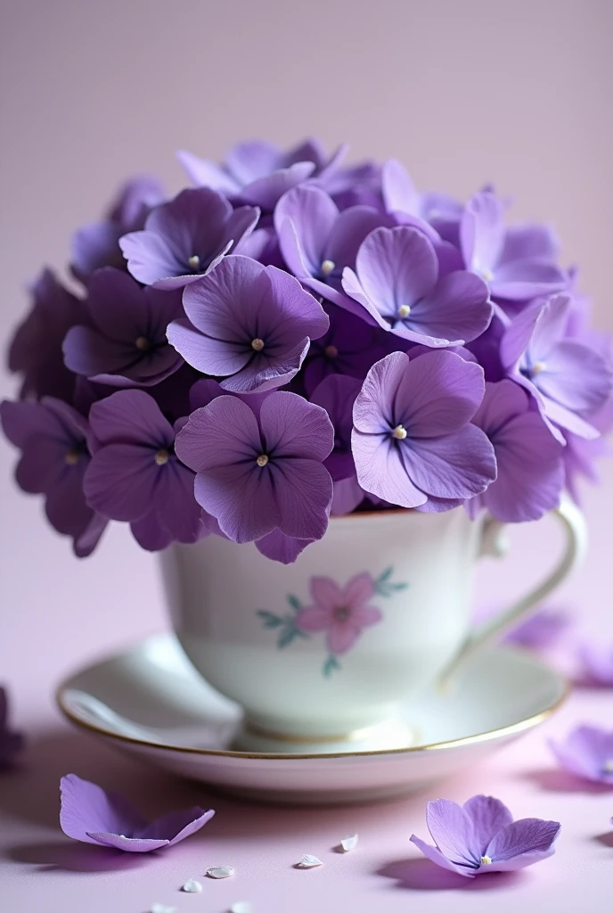 There are lots of purple hydrangeas in a teacup with flower petals. Make the purple of the hydrangeas deeper.