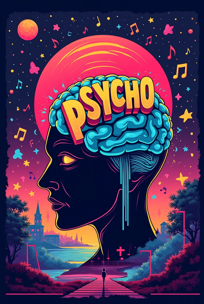 party poster, club, psychology, university, psycho party, poster, bright colors, 90s 00s music, university poster, brain,