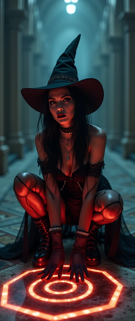 a stylish emo pale witch gothic woman  wickes smile evil smirk crouched  in dark foggy in baroque hall around glowing hex circle magic on ground, witch hat, black velvets, lace, fishnets and leather tinged with scarlet or purple, accessorized with tightly laced corsets, gloves, platform boots and silver jewellery depicting occult themes elegantly quaint in black sludge morbid, fashion and style of dress, typical gothic fashion includes black dyed hair and black clothes wear dark eyeliner, dark nail polish and lipstick, and dramatic makeup (best quality,4k,8k,highres,masterpiece:1.2),ultra-detailed,(realistic,photorealistic,photo-realistic:1.37),HDR,UHD,studio lighting,ultra-fine painting,sharp focus,physically-based rendering,extreme detail description,professional,bokeh,portrait,high fashion,elegant,glamorous,cinematic,dramatic lighting,moody,mysterious,sensual,sophisticated