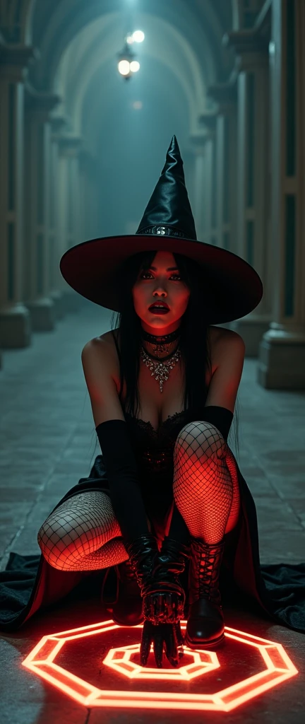 a stylish emo pale witch gothic woman wickes smile evil smirk crouched in dark foggy in baroque hall around glowing hex circle magic on ground, witch hat, black velvets, lace, fishnets and leather tinged with scarlet or purple, accessorized with tightly laced corsets, gloves, platform boots and silver jewellery depicting occult themes elegantly quaint in black sludge morbid, fashion and style of dress, typical gothic fashion includes black dyed hair and black clothes wear dark eyeliner, dark nail polish and lipstick, and dramatic makeup (best quality,4k,8k,highres,masterpiece:1.2),ultra-detailed,(realistic,photorealistic,photo-realistic:1.37),HDR,UHD,studio lighting,ultra-fine painting,sharp focus,physically-based rendering,extreme detail description,professional,bokeh,portrait,high fashion,elegant,glamorous,cinematic,dramatic lighting,moody,mysterious,sensual,sophisticated