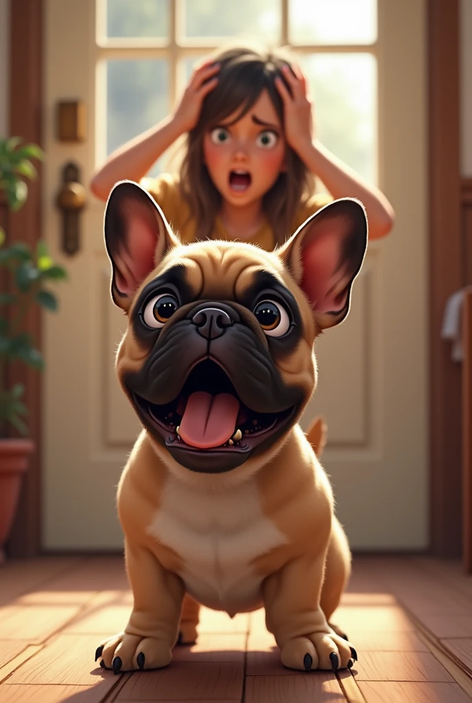Raising a French Bulldog to bark a lot when receiving visitors at home. His female guardian with both hands on her head.