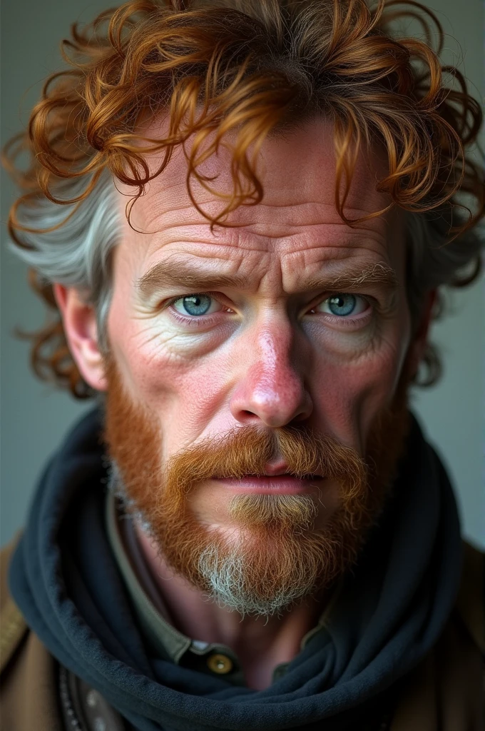 curly red hair with wisps of grey around the ears, a thick moustache that peppered out into well-trimmed stubble. His pale blue eyes