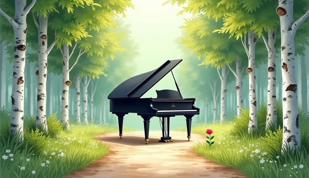 A black grand piano placed on a forest path lined with tall birch trees. The scene is depicted in a realistic watercolor style, creating a sense of freshness. The birch trees, with their white bark and green leaves, are neatly lined up along the pathway, forming a tranquil and elegant natural corridor. The sunlight filtering through the trees casts gentle shadows on the pathway and the piano. Quiet and harmonious, the piano blends beautifully into its lush surroundings.” In the unpopular forest, a small flower is blooming
Translated with DeepL.com (free version)