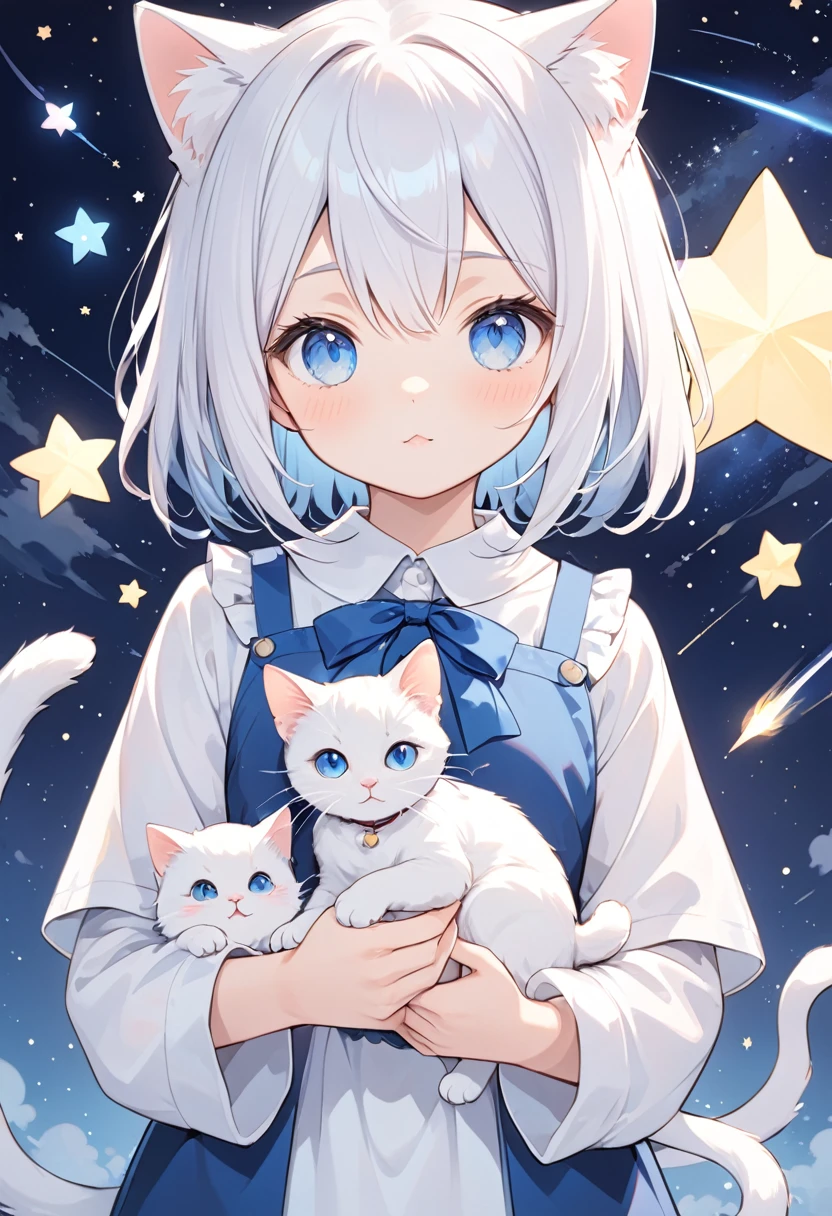 a wihte cat and a star in hands, cat with blue eyes, star, cute cat standing image, cat holding a star, shooting star backgorund