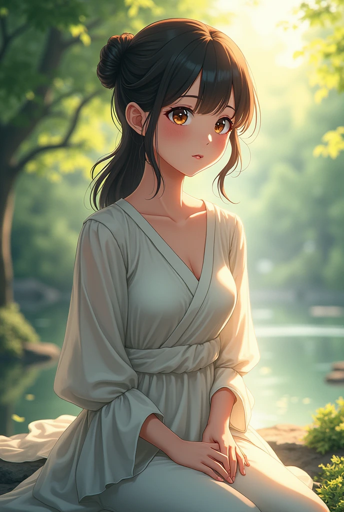 (anime version)  Miyamoto is a 2 woman, with a natural beauty and a serene personality that perfectly complements Yoriichi&#39;s calmness. She has dark brown hair that she wears loose or in a simple updo., and her honey-colored eyes shine with warmth. Her style is simple but elegant., preferring comfortable clothes that highlight her innate grace.

