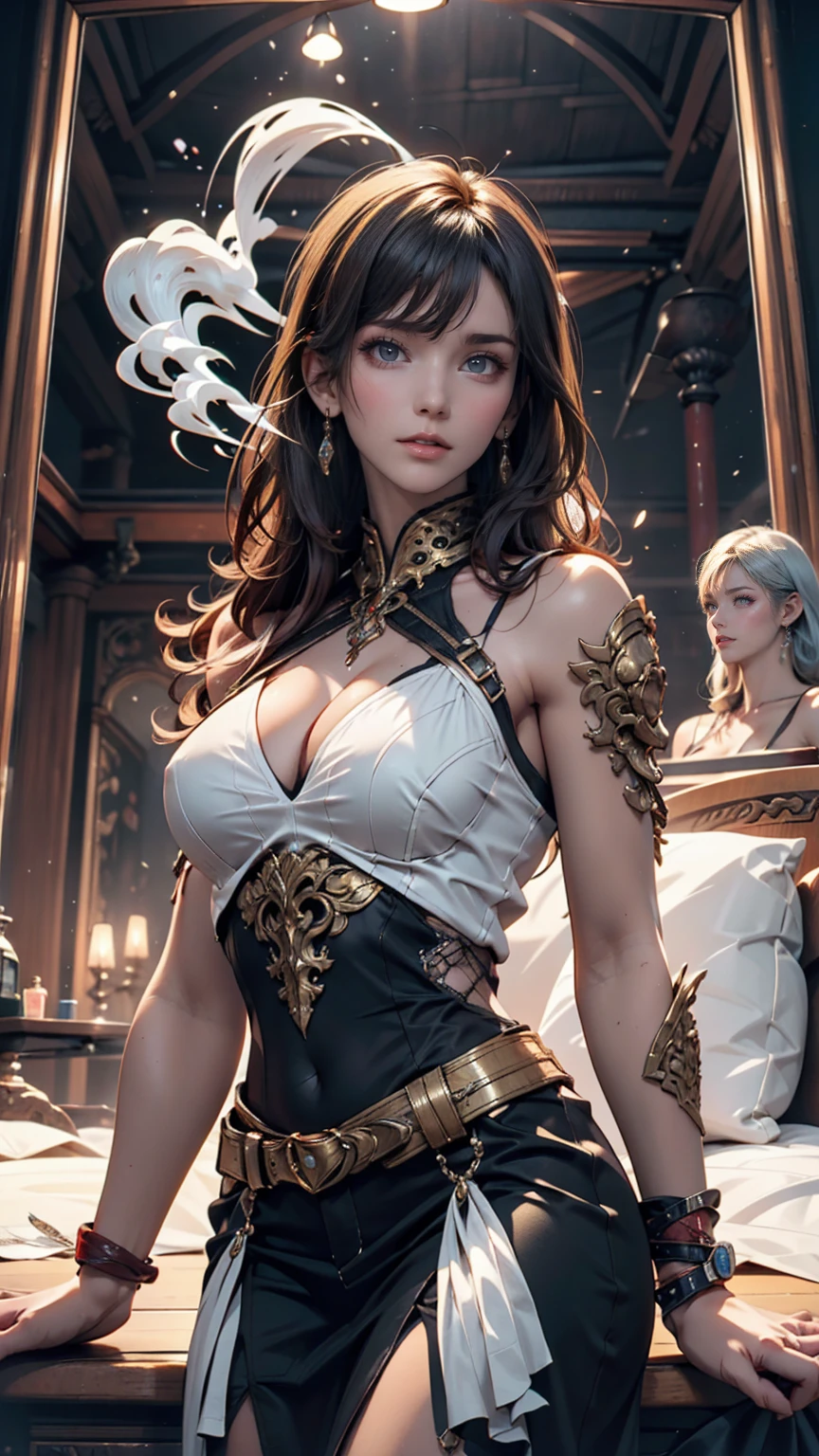 poRtRait, Beautiful woman, wHite HaiR, oRnate dRess, (long HaiR in waves like smoke):0.85 , confident expRession, detailed, 16K, sf, intRicate aRtwoRk masteRpiece, Unlucky, matte painting movie posteR, golden Ratio, tRending on cgsociety, intRicate, amazing, tRending on aRtstation, By Artgerm, H. R. Giger and Beksinski, HigHly detailed, vibRant, pRoduction cinematic cHaRacteR RendeR, ultRa HigH quality model:1