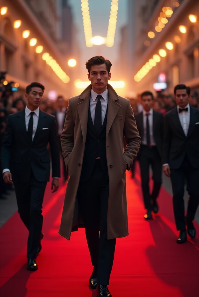 A young Man is going on a red carpet .he wared a coat and many guard persons
