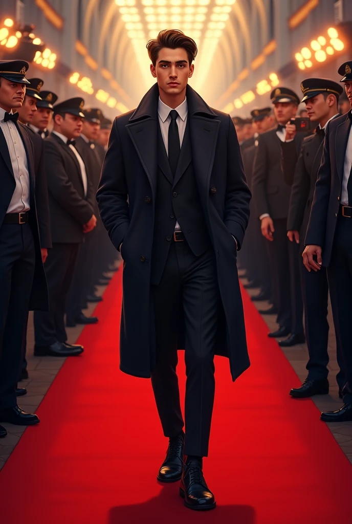 A young Man is going on a red carpet .he wared a  coat and many guard persons  