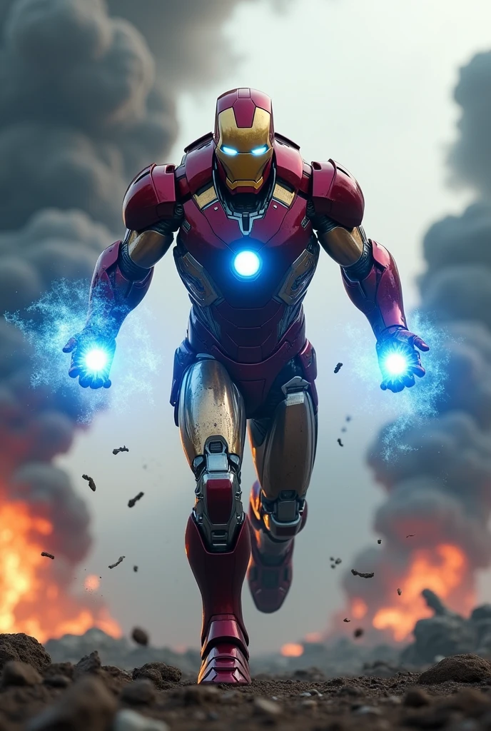 Ironman walking with fierce towards camera with blue light coming out of hands  with background of war and fire 