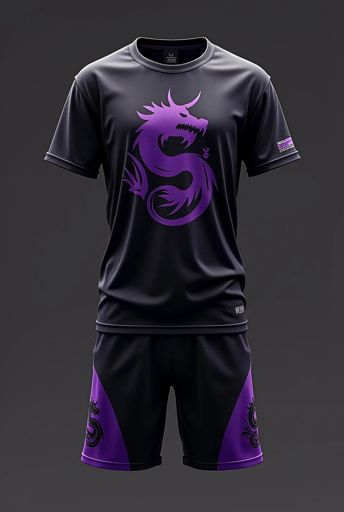 Make a black and purple gaming shirt and shorts with dragon symbol on the ends of the shirt
