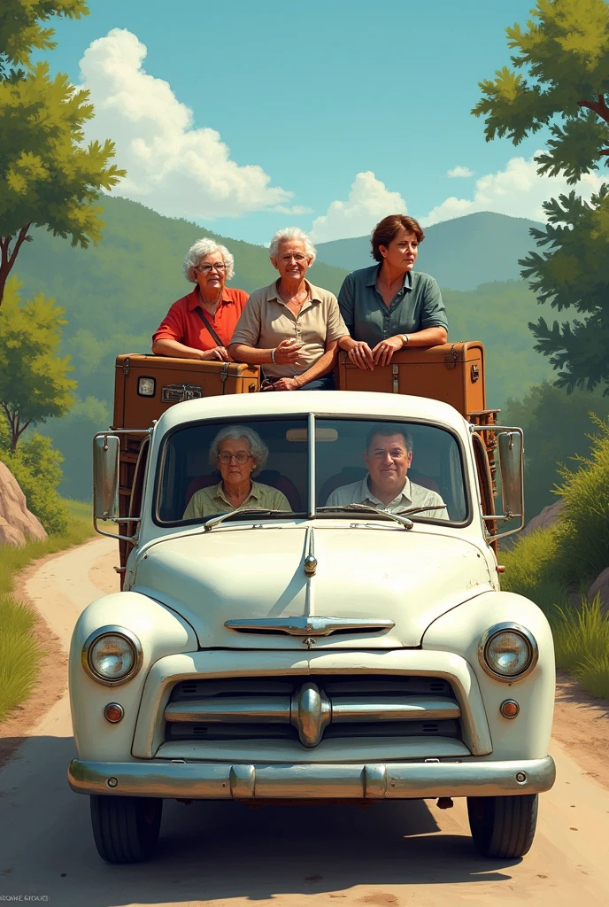 Uma pick-up branca, with a man driving, an old lady in the passenger seat, two fat women behind and loaded with suitcases in the back