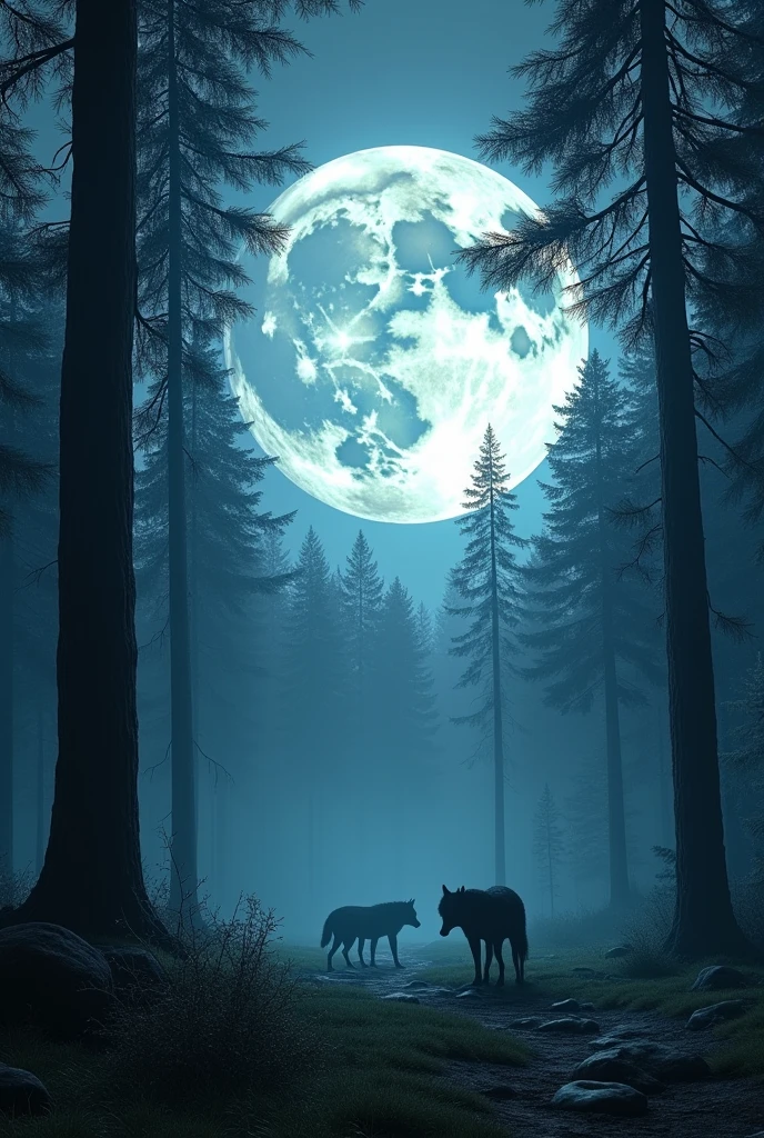 a pine forest, This is the night , a big white moon, um lobisomen do harry pother ao fundo