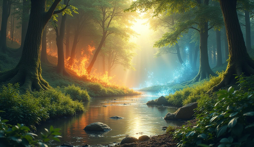 5 elements of nature: land, fire, water, air and ether interconnecting in the forest background in the morning sun, convey depth