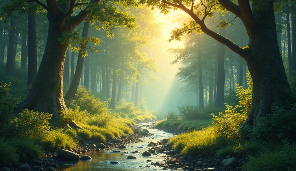 5 elements of nature: land, fire, water, air and ether interconnecting in the forest background in the morning sun, convey depth