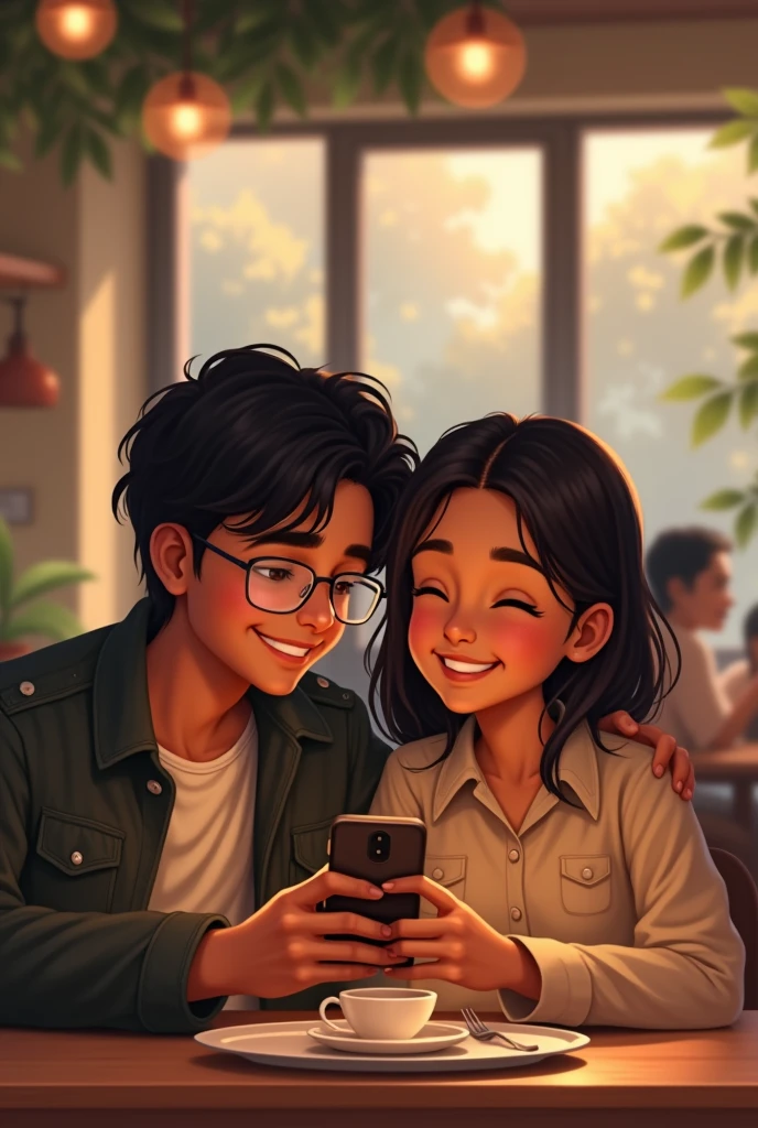 "An Indian couple, both 2, sitting together at a table. The boy has medium long hair and is wearing a jacket, while the girl is wearing a shirt. The girl is taking a selfie of the two of them. They are in a casual, cozy setting, perhaps in a cafe or restaurant, with happy and relaxed expressions on their faces. The focus is on the couple and the moment they are capturing together."