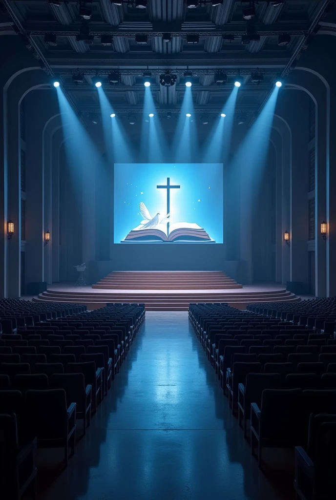 A very huge and wide rectangualar meeting hall, with many rows and Columns of chairs devided with 3 walk ways, dark blue and white light in the building,ceiling with many spot lights, A wide Huge stage at a far end, background of the stage "a full screen shoing A light shining out from a bible cross on the top of the bible and a dove on the top of the cross", two stares only at the left and right sides of the stage echa with 5 steps