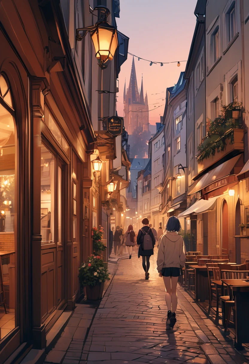 (masterpiece, best quality),sightseeing,a cute girl walking down street with a tree, budapest street background, streets of heidelberg, at dusk, streetscape, outdoors european,  photograph, detailed, BREAK (girl,16yo,detailed face,(darkblue hair, wavy-short hair),eyebrows,middle small breasts),look away,