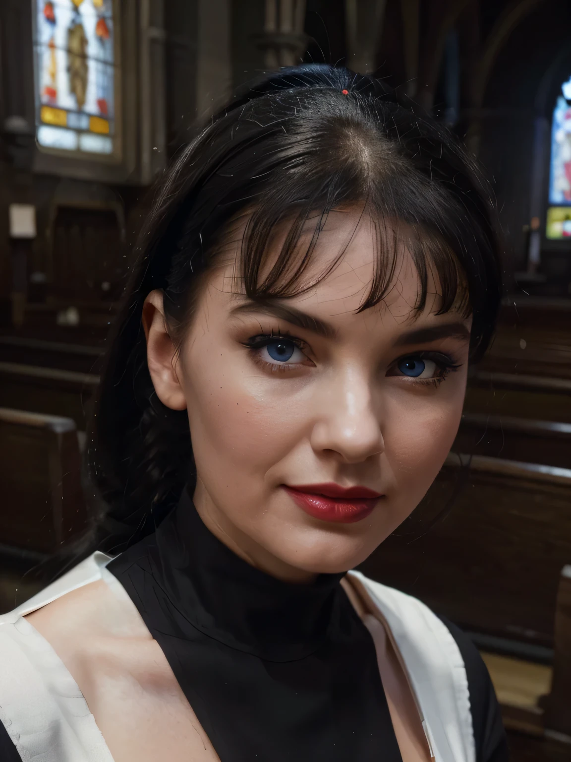 4 smiling Bettie page Nun ,(( ponytail Black hair)), (( incredible clear blue eyes))sultry Flirty look, gorgeous symmetrical Face, red lipstick,joli maquillage naturel, wearing elegant nun cloth clothing,flirting with the camera, ((black gloves)), ((standing over me, in front of me in a old church we have to pary together, she is holding my hand)), ultra realistic, art conceptuel, elegant, Very detailed, complexe, sharp Focus, depth oF Field, F/1. 8, 85mm, (((proFessionally color graded))), bright soFt diFFused light, (volumetric Fog), tendance sur Instagram, hdr 4k, 8K
