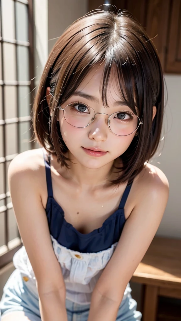 (masterpiece, Best Quality:1.2), 8K, 1 girl, 1 Japanese girl, 85 mm, Official art, Raw photo, Pretty Face, close up, face focus, cute Girl, Cinch waist, beauty thighs, soaking wet, sweat, medium breasts, pastel camisole, large round glasses, standing, leaning forwards, in a bedroom, Looking at Viewer, No makeup, (aroused, embarrassed, blush :1.2), Film grain, chromatic abberation, Sharp Focus, face lights, clear lighting, Teen, Detailed face, Bokeh background