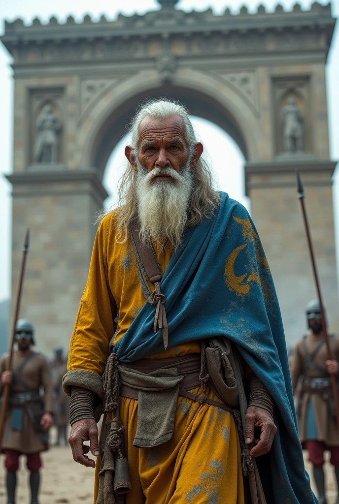 Ash-stained man with white beard and ash-stained robe in front of the Persian gate, add two soldiers holding spears in front of the gate also add blue and yellow colors