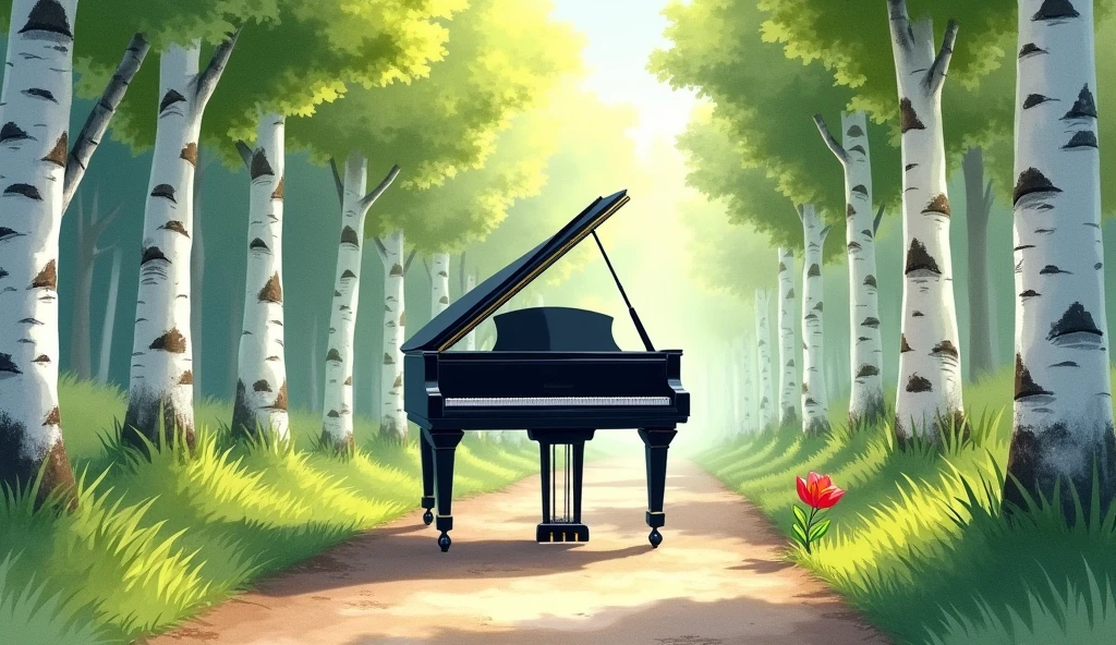 A black grand piano placed on a forest path lined with tall birch trees. The scene is depicted in a realistic watercolor style, creating a sense of freshness. The birch trees, with their white bark and green leaves, are neatly lined up along the pathway, forming a tranquil and elegant natural corridor. The sunlight filtering through the trees casts gentle shadows on the pathway and the piano. Quiet and harmonious, the piano blends beautifully into its lush surroundings.” In the unpopular forest, a small flower is blooming

Translated with DeepL.com (free version)