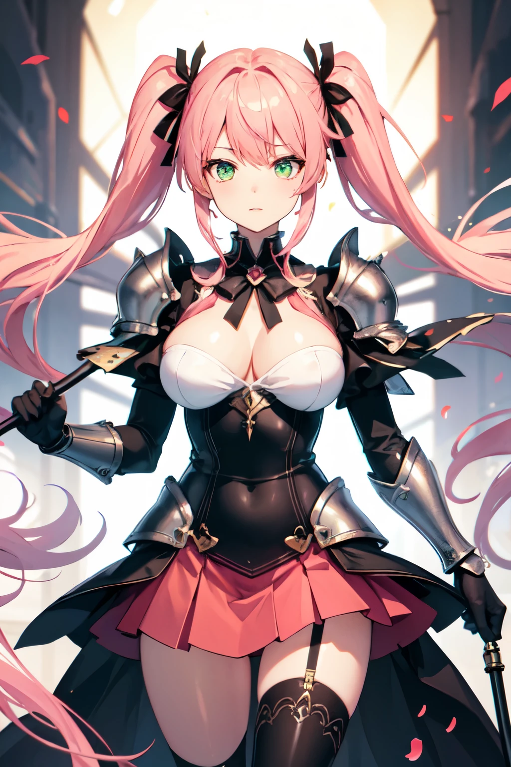 ((Highest quality)), ((masterpiece)), (detailed), One person, Pink Hair,Twin tails,Dress Armor,Green Eyes,Cane in both hands,Big Breasts,skirt,Thigh,ribbon