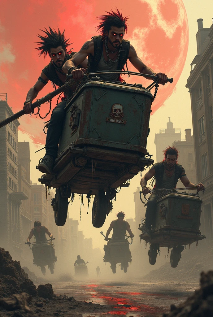 In an apocalyptic world, punks ride flying coffins and carry tools in their hands., Following drunken police officers