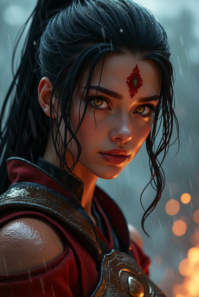 Very Close-up shot of half face of Princess Azula from the Fire Nation, wearing her battle armor. She is standing under the rain, with a focused and intense expression. The rain is dripping down her armor and face, highlighting her sharp features and the fiery aura she exudes even in the midst of the storm. The background is blurred, emphasizing her powerful presence and the detailed design of her armor.