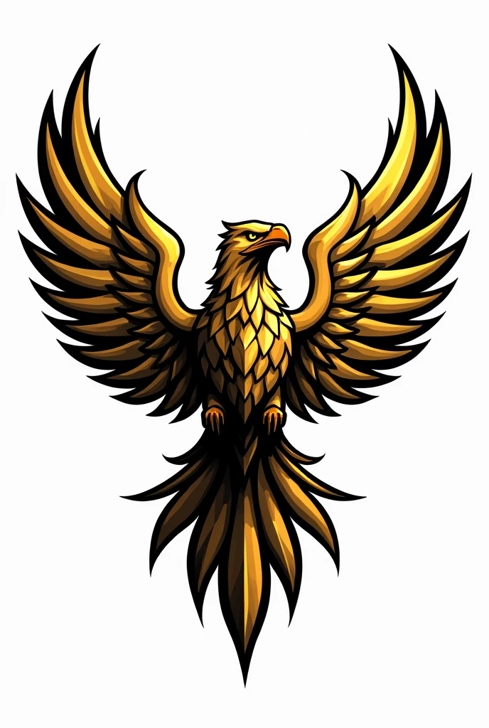 The logo of a golden bird with its wings spread out and its entire body facing the center front and not too many wings., without background, vector art with thick black line art on every part of the body , terinspirasi oleh Victor Noble Rainbird, artstation, clash of clans style, trending on dribbble mascot.featuring, crow, fierce expression 4k, in the quetzecoatl art style, a face in need of a fist, uncompressed png, totem, united, symbol of wisdom, show full body