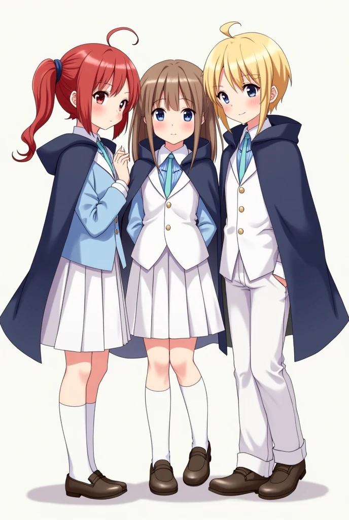 three children, a red-haired girl, a brown haired one and a blond boy. the dress with a light blue blouse, with a white vest, white pants and a navy blue hooded cape. the girls wearing a light blue blouse, with white vest, white school skirt and a navy blue hooded cape.