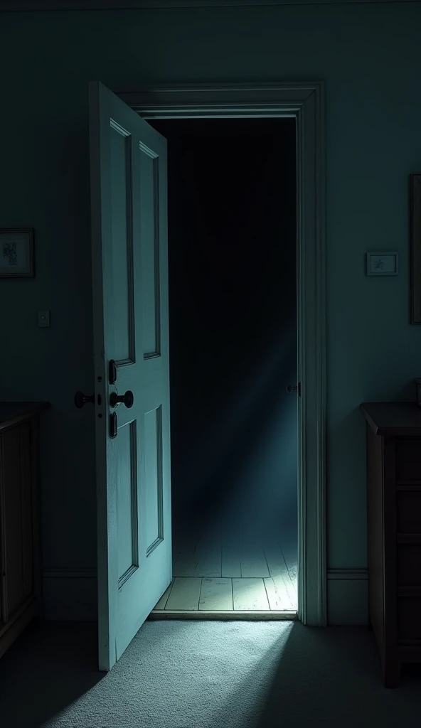 [Bedroom door slowly opening, revealing darkness inside, with creaking sound effects]