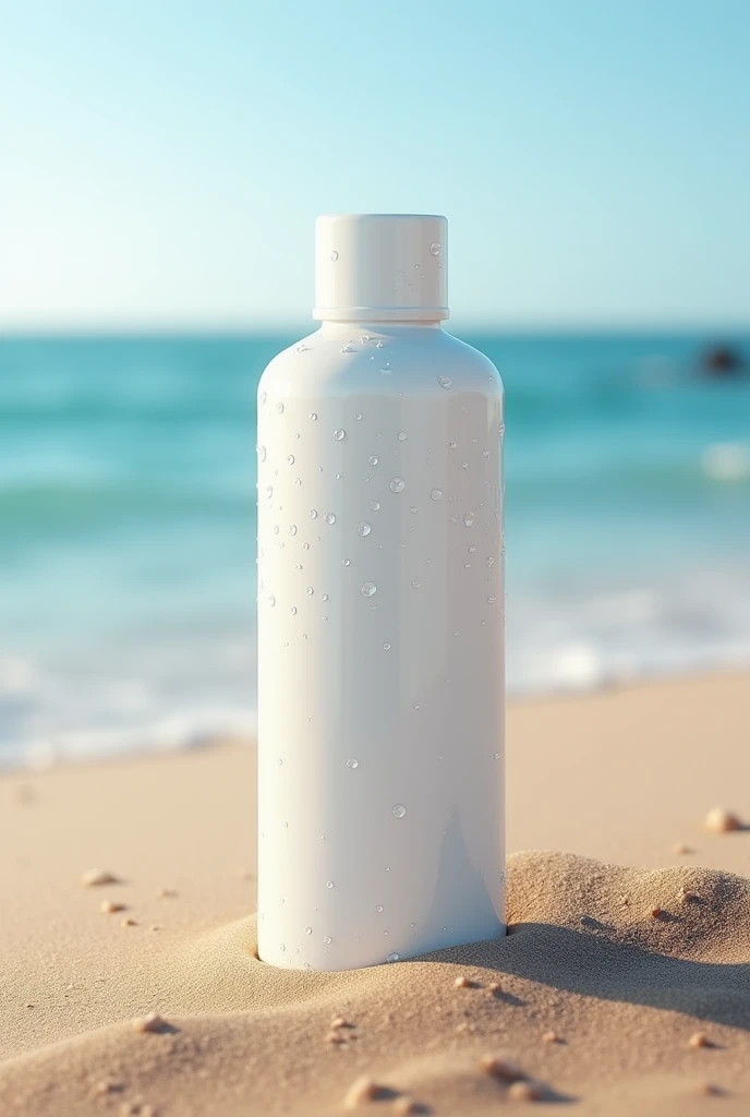 Create a realistic image of a wet white bottle on the sand by the sea,