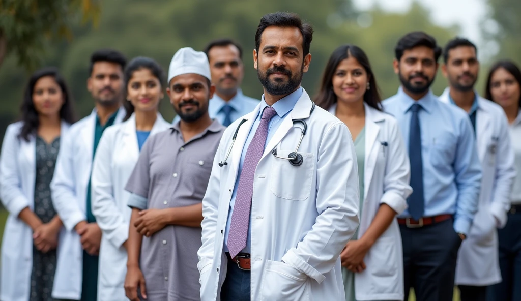 Indian 
Doctors, farmers, civil servants sideways photo 