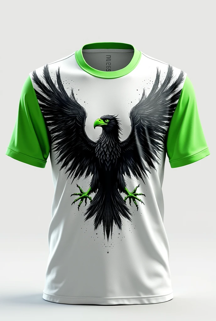 I want you to create me a “collarless t-shirt” that is “white and green” and that has a “black and angry eagle” and the “facem” logo and that has “designs”
