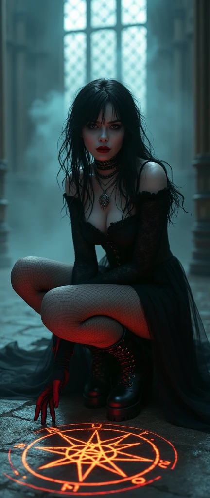 a stylish emo pale witch gothic woman wickes smile evil smirk crouched in dark foggy gothic cathedral spire l around glowing hex circle magic on ground, witch hat, black velvets, lace, fishnets and leather tinged with scarlet or purple, accessorized with tightly laced corsets, gloves, platform boots and silver jewellery depicting occult themes elegantly quaint in black sludge morbid, fashion and style of dress, typical gothic fashion includes black dyed hair and black clothes wear dark eyeliner, dark nail polish and lipstick, and dramatic makeup (best quality,4k,8k,highres,masterpiece:1.2),ultra-detailed,(realistic,photorealistic,photo-realistic:1.37),HDR,UHD,studio lighting,ultra-fine painting,sharp focus,physically-based rendering,extreme detail description,professional,bokeh,portrait,high fashion,elegant,glamorous,cinematic,dramatic lighting,moody,mysterious,sensual,sophisticated