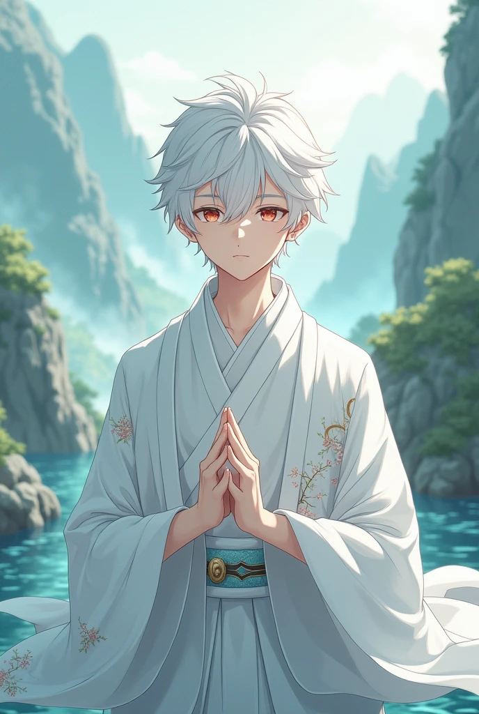 Genshin Impact art style, Kazuha like look, white hair and white kimono, boy