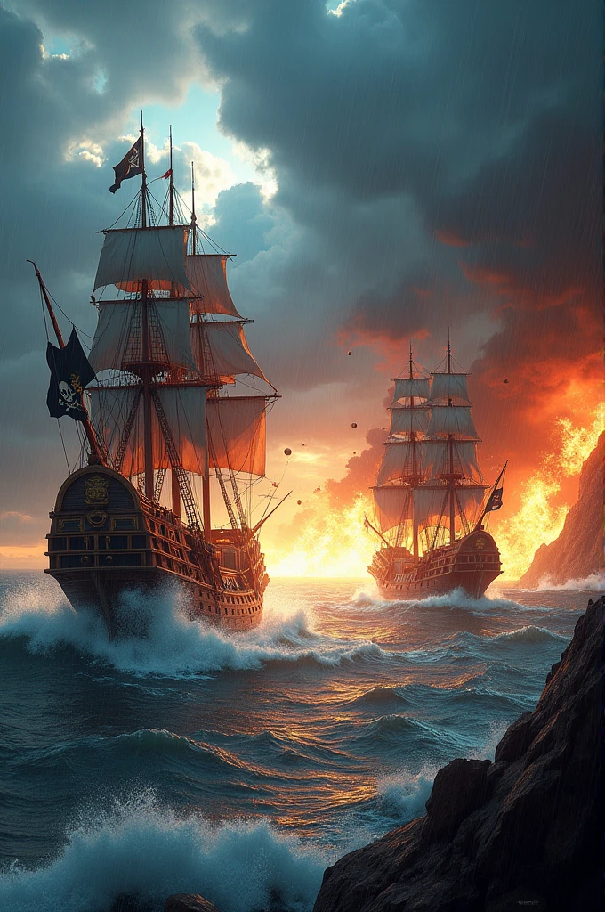 leon,bricks,Mountain,Mar,corona, ((masterpiece, top quality, High resolution, Highly detailed 8K unified CG wallpaper)), (Espectacular paisaje Marino de dos barcos piratas disparándose cañones entre sí a queMarropa:1.5), A spectacular and dynamic poster with columns of fire and water., rain and thunder; a pirate flag with a skull symbol waving in a gust of wind; cannonballs flying and causing explosions, throwing debris into the air; Ominous dark clouds in the sky threatening rain and chaos; an adventure movie poster; a pirate ship with a skull symbol on the hull of a pirate ship. Ominous dark clouds looming in the sky, Amenaza de lluvia y caos en Mar abierto., adventure movie poster,