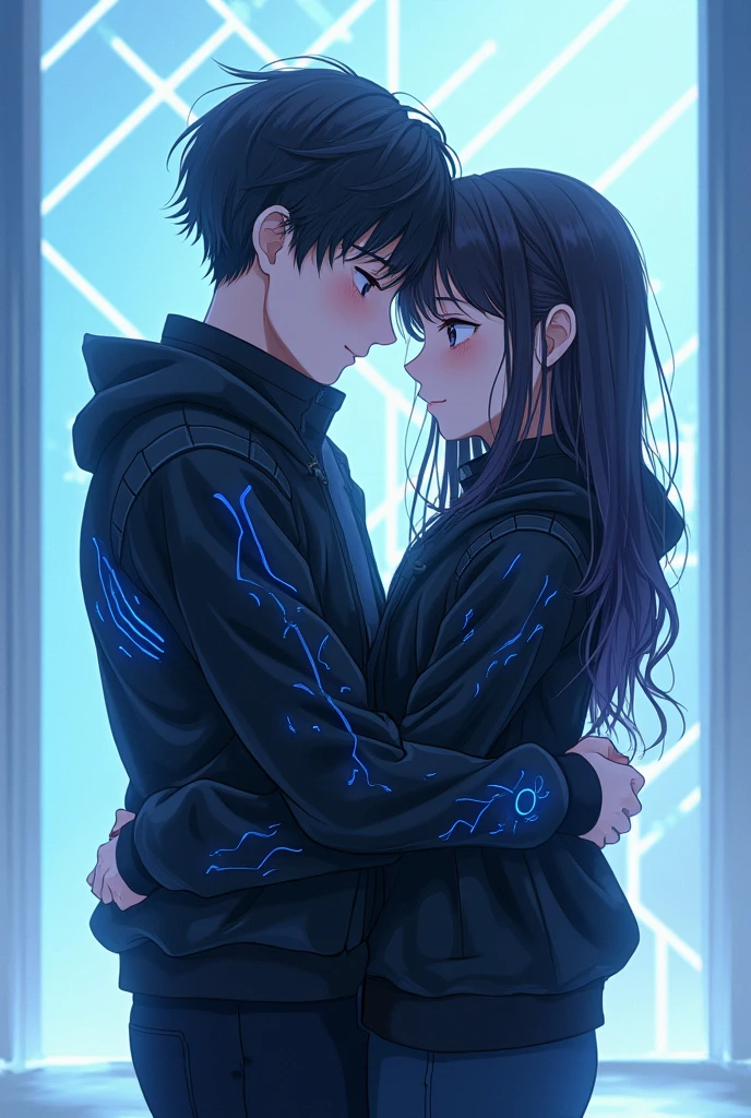 Anime girl and boy hugs each other both are wearing black jacket with some future astic blue pattern on it