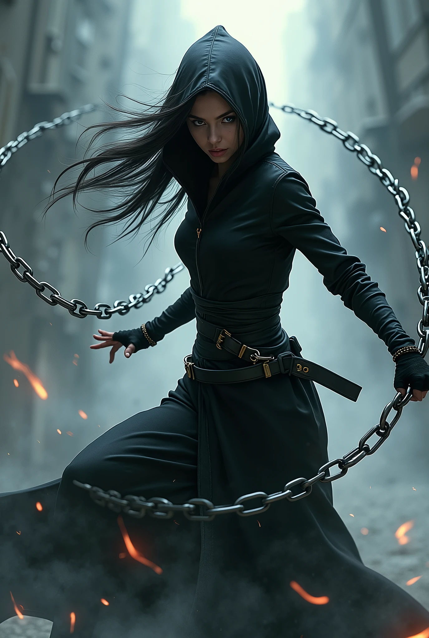 Female Ninja、Female ninja、Ninjutsu、Shoots chains in all directions from behind、Random Flight、The chains are flying here、sense of distance
