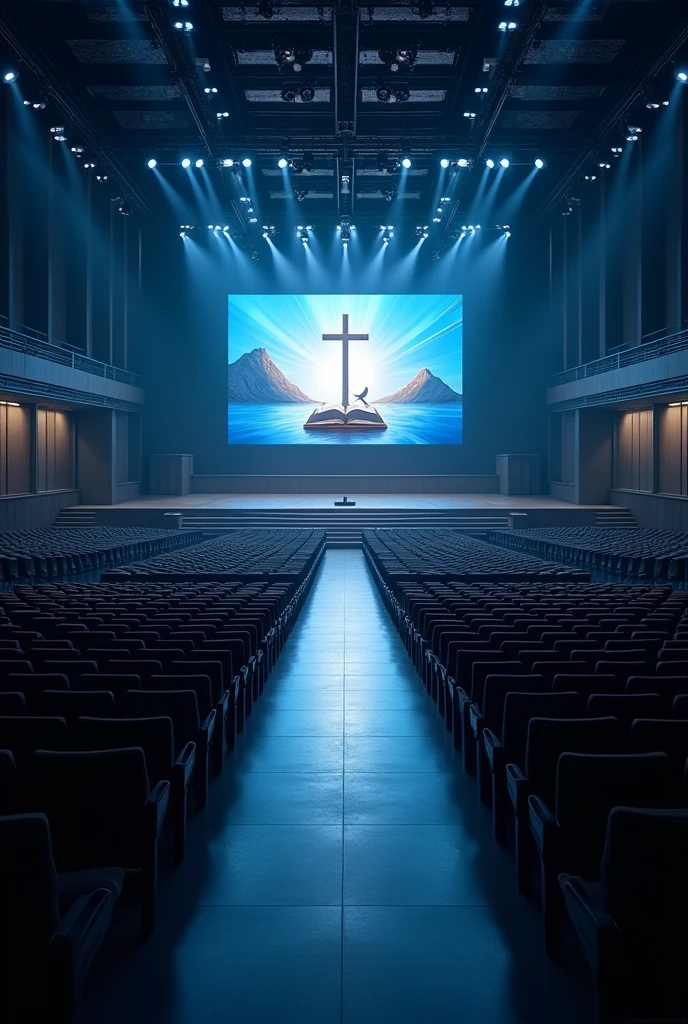 A very huge and wide rectangualar meeting hall, with many rows and Columns of chairs devided with 3 walk ways, dark blue and white light in the building,ceiling with many spot lights, A wide Huge stage at a far end, background of the stage "a full screen shoing A light shining out from a bible cross on the top of the bible and a dove on the top of the cross", t