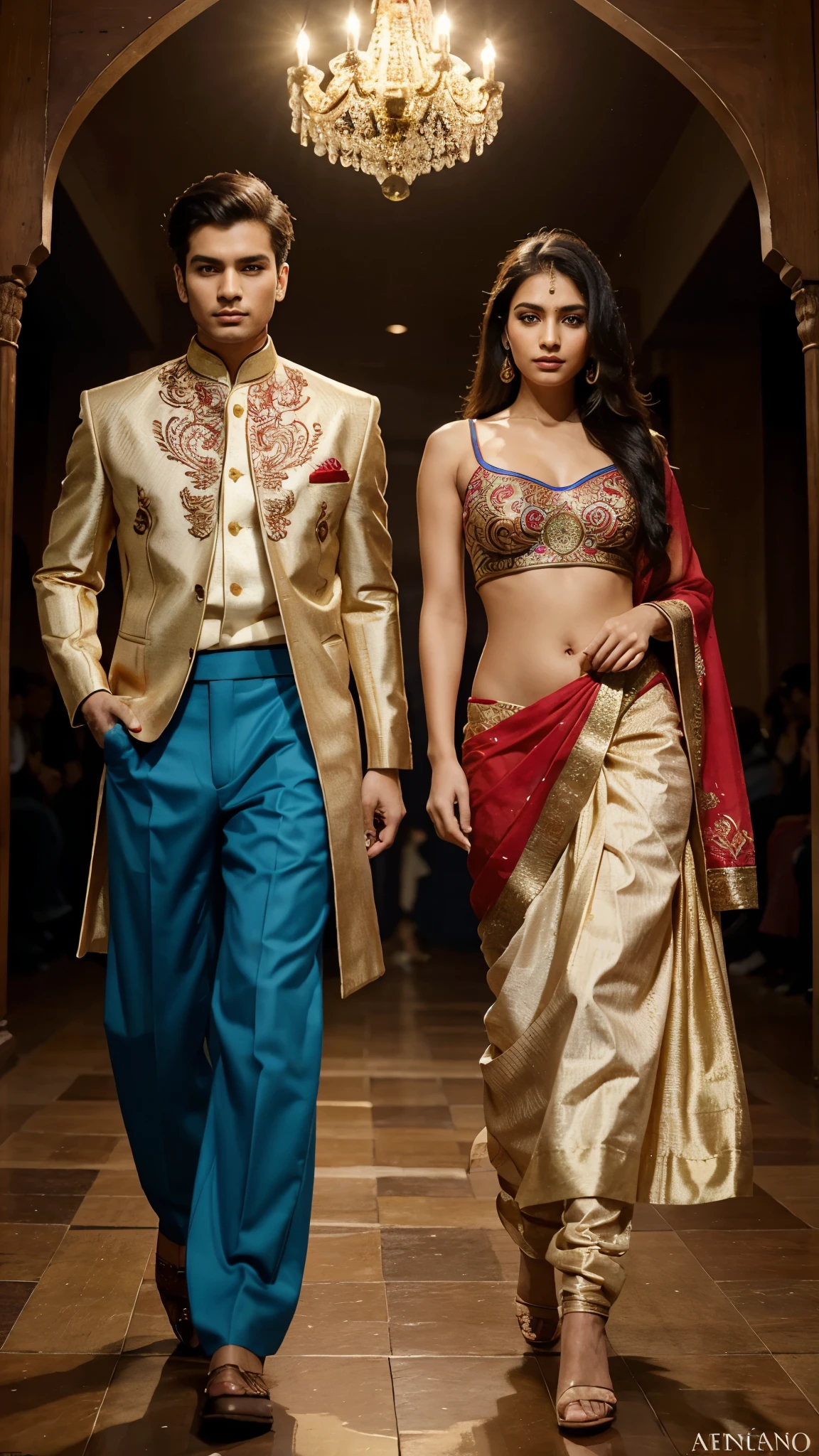 Design a stylish 2D fashion illustration showcasing traditional Indian attire. The image should feature a male and female model wearing vibrant and intricately detailed ethnic outfits, such as a sherwani for the male and a saree or lehenga for the female. The background should be minimalist with subtle elements like traditional Indian motifs or patterns to enhance the cultural vibe. Use rich, warm colors like gold, red, and deep blue to make the outfits stand out.