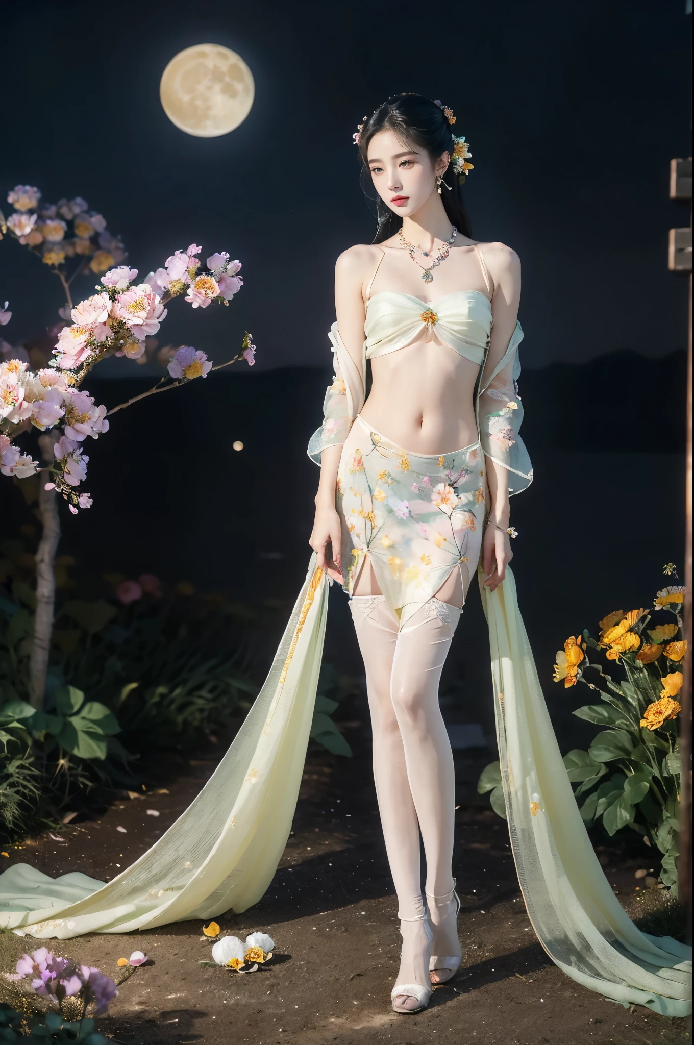 (((best quality))),(((ultra detailed))),(((masterpiece))),illustration,((1 beautiful girl,solo)),(neat chignon:1.2),((earrings,crystal necklace)),((slim,thin)),((small ,flat chest)),(slender legs:1.2),(stockings:1.3),(high heels:1.2),(a moon in the clear night sky as the background:1.3), gentle glow,(Standing in the world full of vibrant flowers:1.3),(gorgeous sheer hanfu:1.3),sparkling eyes,graceful,(surrounded by crowded colorful flowers:1.5), kaleidoscope, shimmer,bright moonlight, delicate petals, fragrance, otherworldly, magical realm, enchantment, tranquility, essence of beauty, peace,(outdoor:1.),(night scene:1.3),((from front,full body))