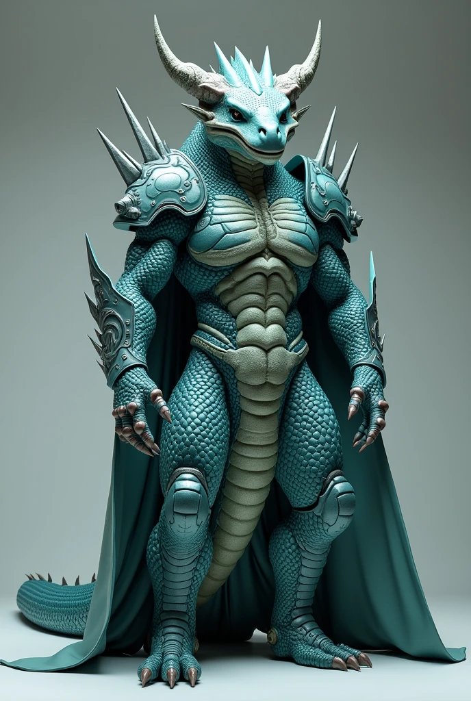 fking_scifi anthropomorphic Komodo Dragon King. Show the whole body. The skin color is blue-green. The presence of horns on the head. Armor with intricate details. Rich in scale texture. Professional studio shots. Ultra-realistic, intricate details. Please Image alignment should be fixed