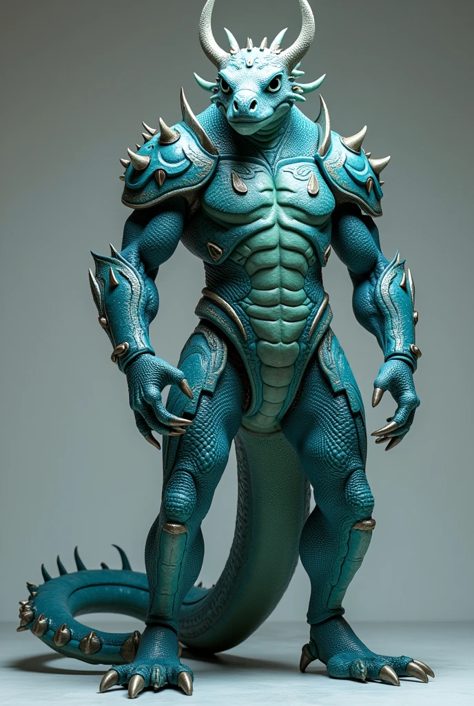 fking_scifi anthropomorphic Komodo Dragon King. Show the whole body. The skin color is blue-green. The presence of horns on the head. Armor with intricate details. Rich in scale texture. Professional studio shots. Ultra-realistic, intricate details. Please Image alignment should be fixed