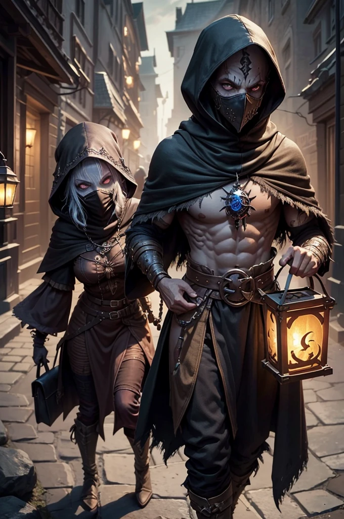 Human male with lantern and bag on her back, from pathfinder, d&d goblin rogue, goblin girl dnd character, female occultist, d & d lich, female necromancer, from dungeons & dragons, medieval zombie peasant, lich vecna (d&d), necromancer sorceress, d&d dark sun character, human male, wearing a mask, hooded cloack, scar on his right cheeck,
