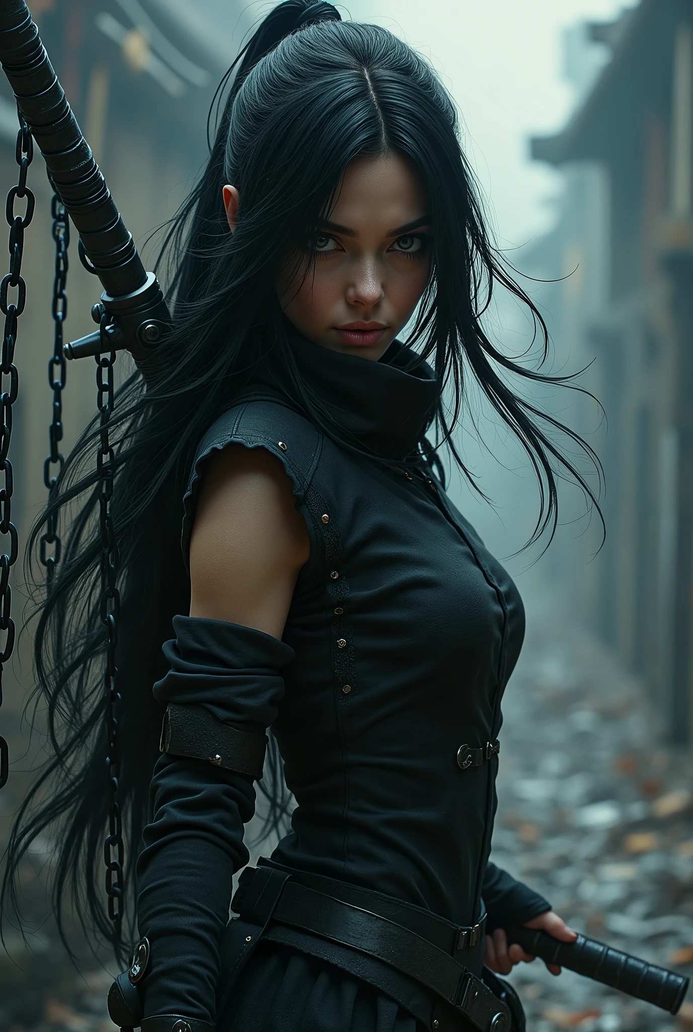 a female ninja with flowing black hair, intricate chained weaponry, chains emanating from all directions, chains flying randomly towards the viewer, strong sense of depth and perspective, highly detailed, ultra-realistic, cinematic lighting, dramatic color palette, masterpiece, award-winning digital art