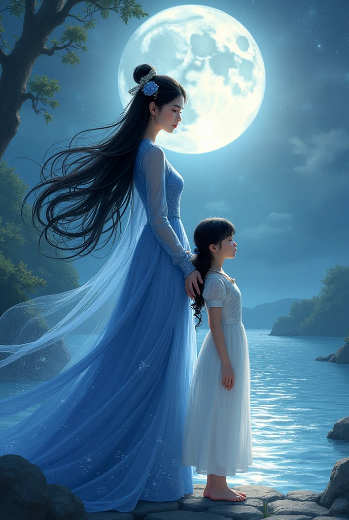 A romantic and mystical book cover illustration featuring two women: a powerful goddess and a young girl. The goddess, representing Mẫu Đệ Tam Thoải Phủ, has a regal appearance with long flowing black hair, wearing a traditional Vietnamese áo dài in shades of blue and silver, symbolizing water and the mystical elements. She stands near a serene, mystical river with a calm expression. The young girl, Linh, is beside her with a curious and captivated gaze. She has long black hair, wearing a simple white áo dài, embodying innocence and admiration. The background is a tranquil river scene with shimmering water and soft moonlight reflecting on its surface, creating a serene and enchanting atmosphere. 